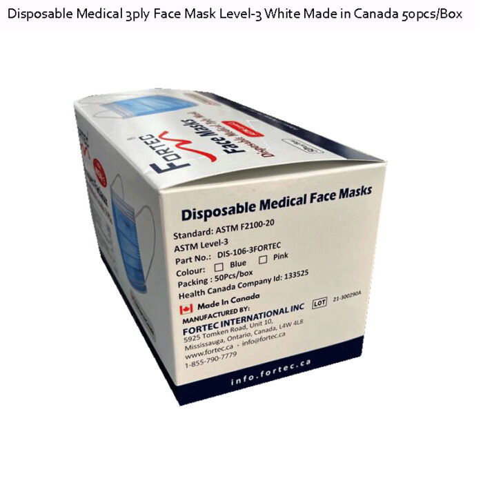 Disposable Medical 3ply Face Mask Level-3 White Made in Canada 50pcs/Box
